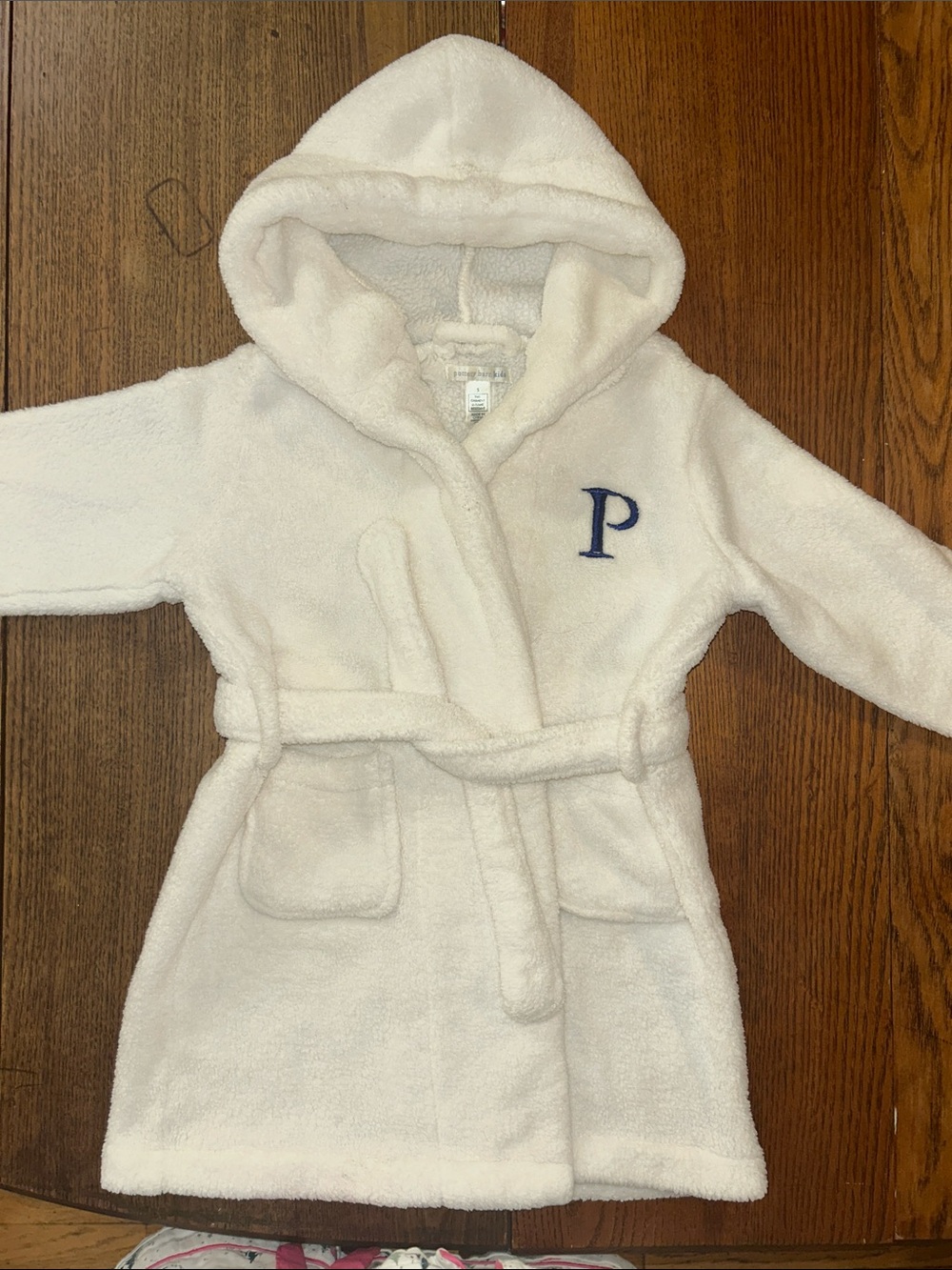 Pottery Barn Kids White Plush Hooded Robe with Navy 'P' Monogram
